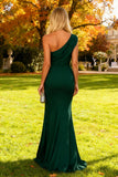 Dark Green Mermaid One Shoulder Long Wedding Guest Dress with Slit