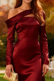 Burgundy Sheath Satin Long Sleeves Wedding Guest Dress