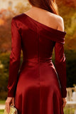 Burgundy Sheath Satin Long Sleeves Wedding Guest Dress