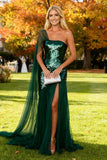 Sparkly Dark Green Sequin Long Wedding Guest Dress with Slit