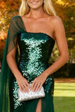 Sparkly Dark Green Sequin Long Wedding Guest Dress with Slit