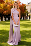 Light Purple Mermaid Satin Long Wedding Guest Dress with Cape