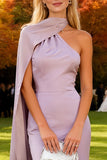 Light Purple Mermaid Satin Long Wedding Guest Dress with Cape