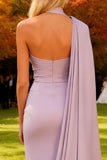 Light Purple Mermaid Satin Long Wedding Guest Dress with Cape