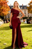 Burgundy One Shoulder Mermaid Ruched Long Wedding Guest Dress