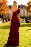 Burgundy One Shoulder Mermaid Ruched Long Wedding Guest Dress