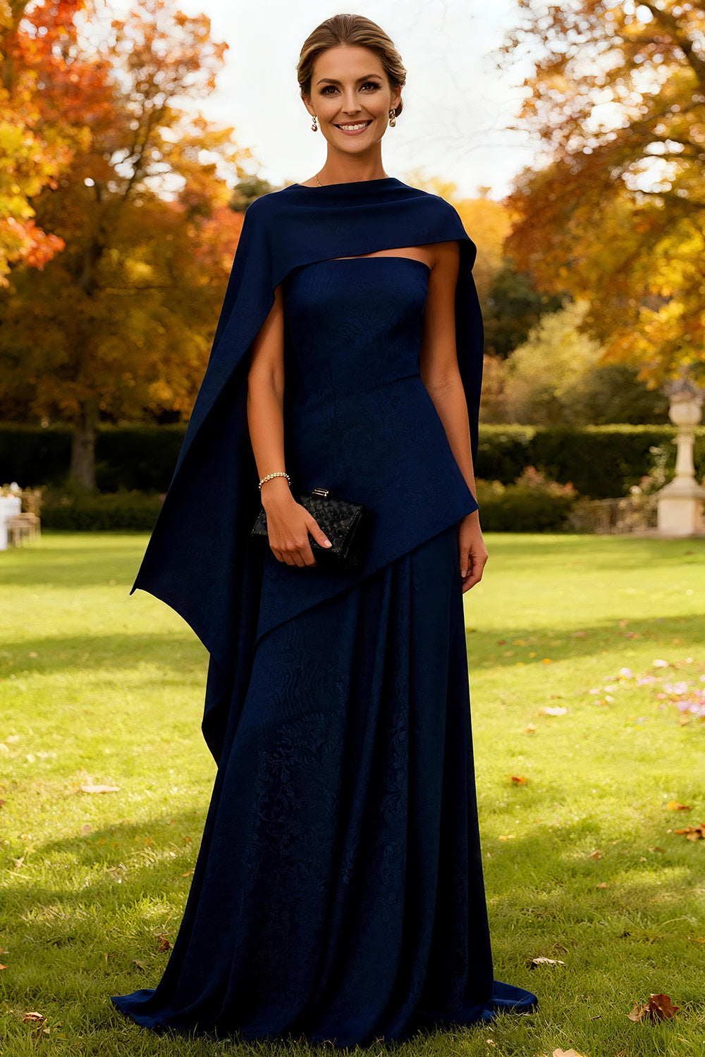 Navy Sheath Strapless Long Wedding Guest Dress with Cape