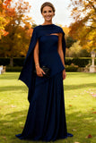 Navy Sheath Strapless Long Wedding Guest Dress with Cape