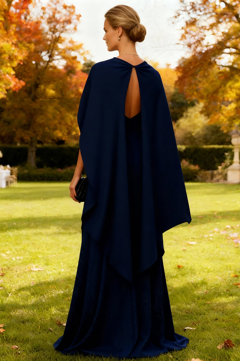 Navy Sheath Strapless Long Wedding Guest Dress with Cape
