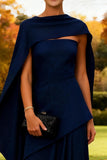 Navy Sheath Strapless Long Wedding Guest Dress with Cape