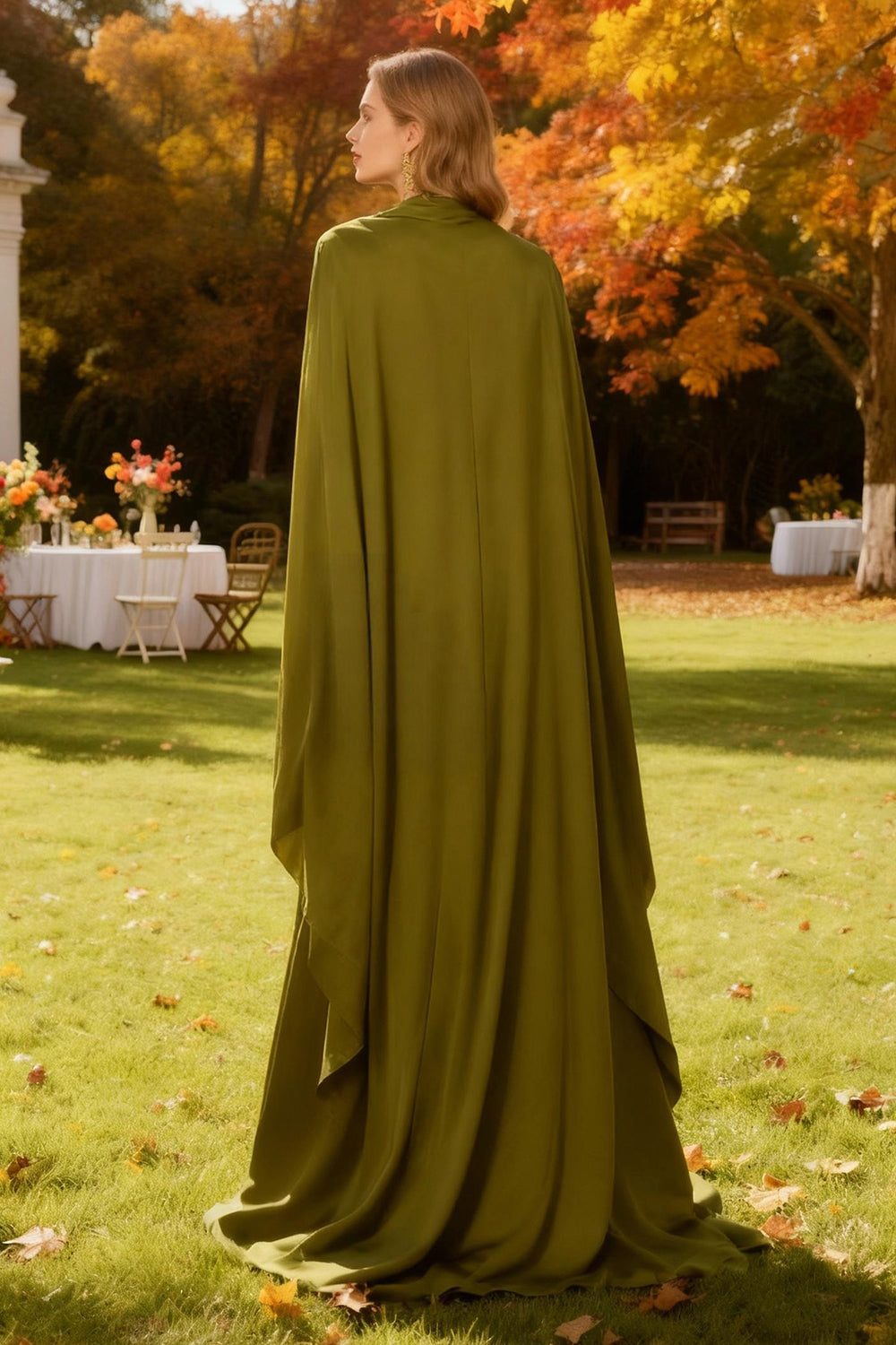 Olive Mermaid High Neck Long Wedding Guest Dress with Cape
