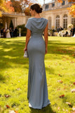 Grey Blue Mermaid Bateau Neck Long Wedding Guest Dress with Slit