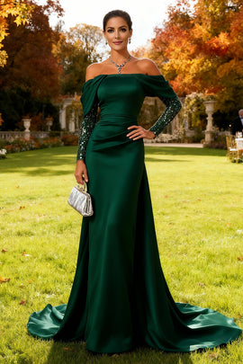 Sparkly Dark Green Mermaid Off the Shoulder Long Wedding Guest Dress with Cape