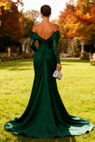 Sparkly Dark Green Mermaid Off the Shoulder Long Wedding Guest Dress with Cape