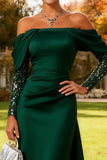 Sparkly Dark Green Mermaid Off the Shoulder Long Wedding Guest Dress with Cape