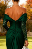 Sparkly Dark Green Mermaid Off the Shoulder Long Wedding Guest Dress with Cape