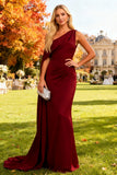 Burgundy One Shoulder Long Wedding Guest Dress with Cape
