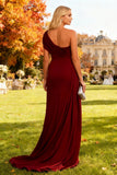 Burgundy One Shoulder Long Wedding Guest Dress with Cape