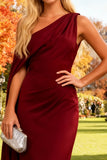 Burgundy One Shoulder Long Wedding Guest Dress with Cape