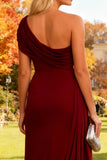 Burgundy One Shoulder Long Wedding Guest Dress with Cape