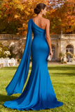 Royal Blue Mermaid One Shoulder Long Wedding Guest Dress with Cape