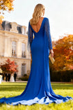Sparkly Royal Blue Ruched Mermaid Long Wedding Guest Dress with Cape