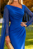 Sparkly Royal Blue Ruched Mermaid Long Wedding Guest Dress with Cape