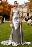 Sparkly Silver Mermaid Floral Long Wedding Guest Dress with Cape