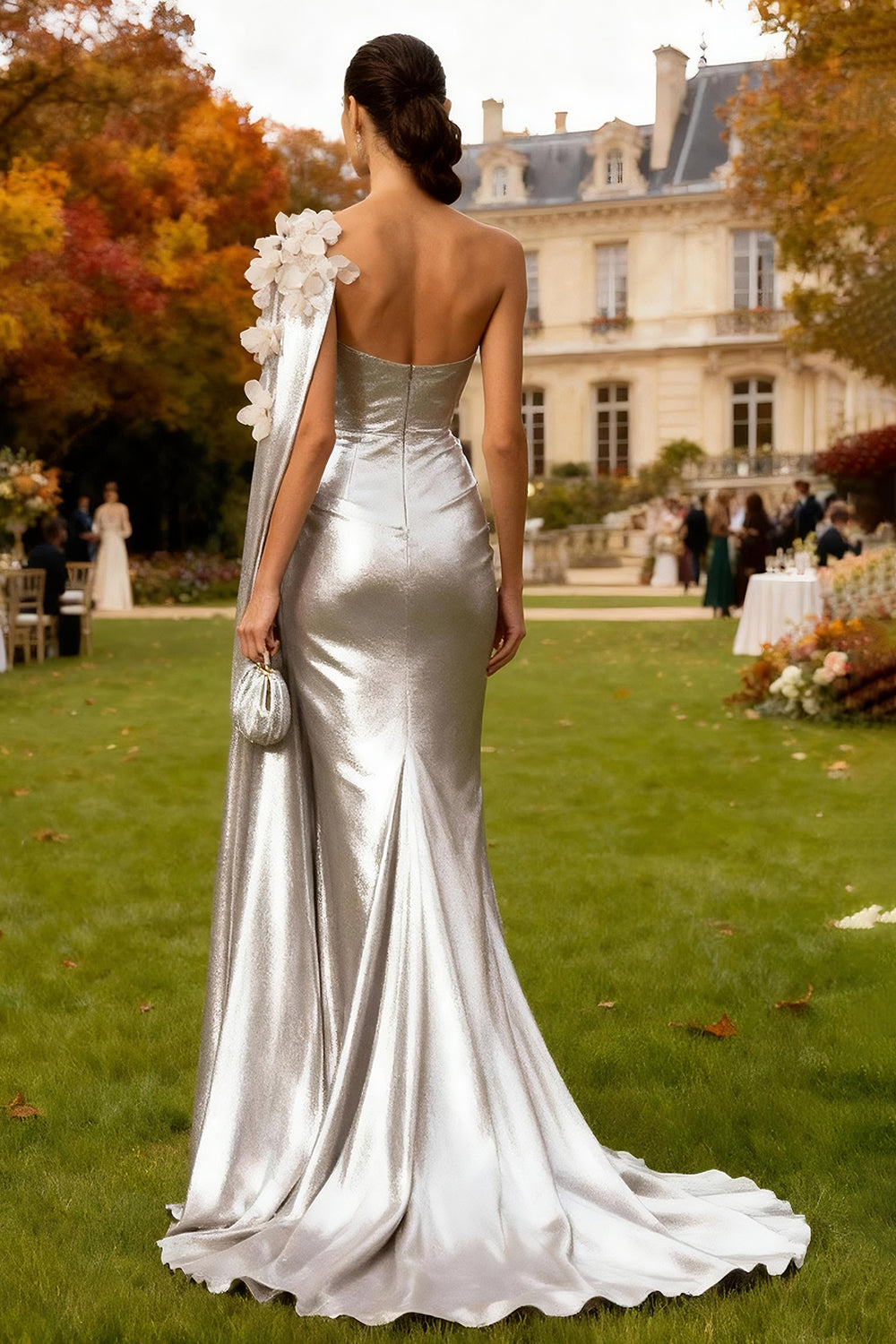 Sparkly Silver Mermaid Floral Long Wedding Guest Dress with Cape