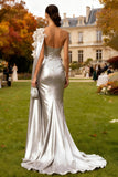 Sparkly Silver Mermaid Floral Long Wedding Guest Dress with Cape