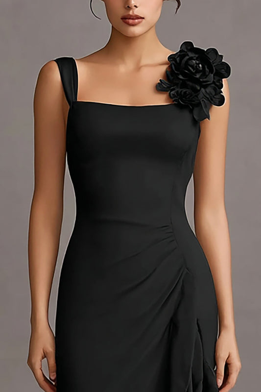 Black Ruffled Bodycon Midi Cocktail Dress with 3D Flower