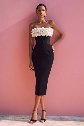 Black and White Corset Bodycon Midi Cocktail Dress with Ruffles
