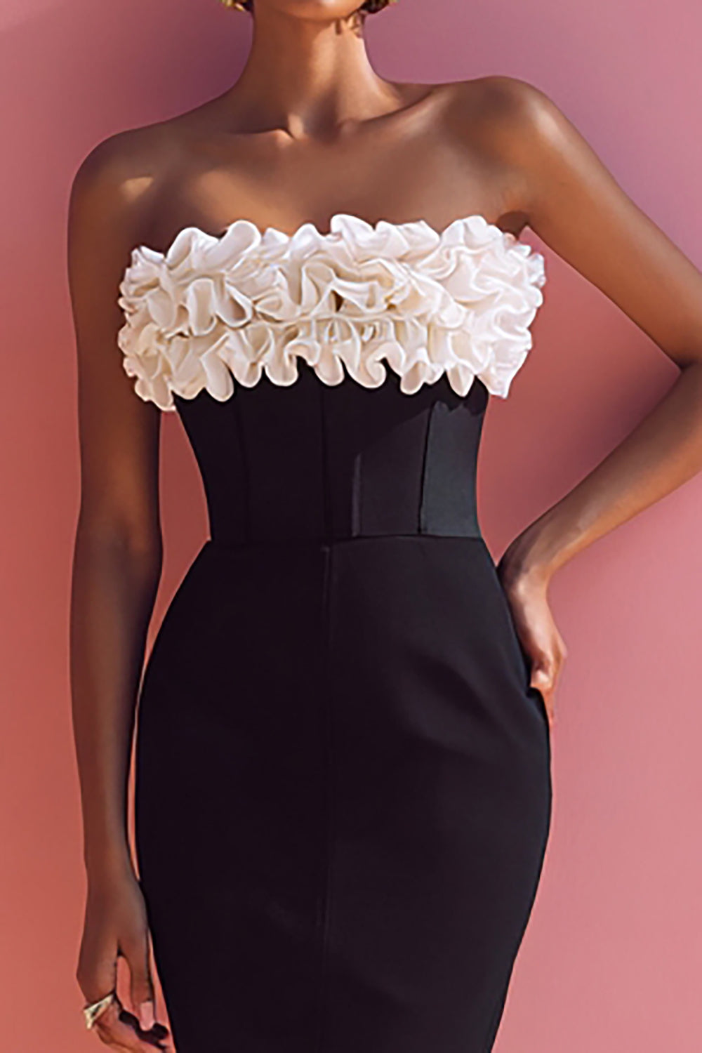 Black and White Corset Bodycon Midi Cocktail Dress with Ruffles