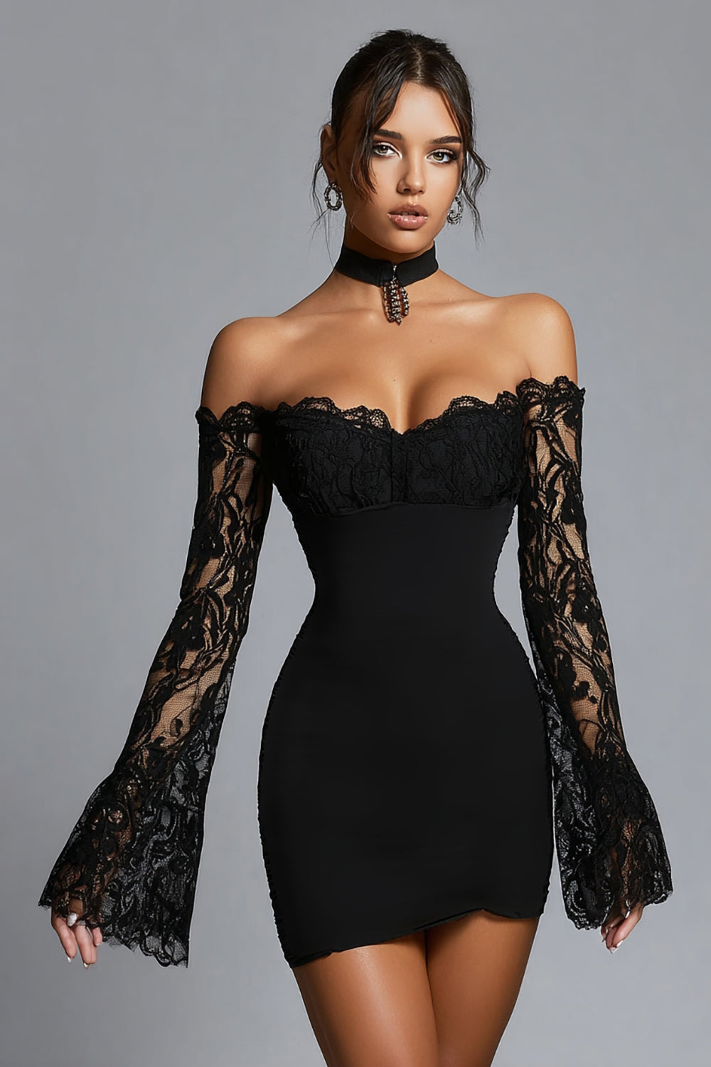 Zapakasa Women Black Bodycon Short Cocktail Dress with Lace Off the