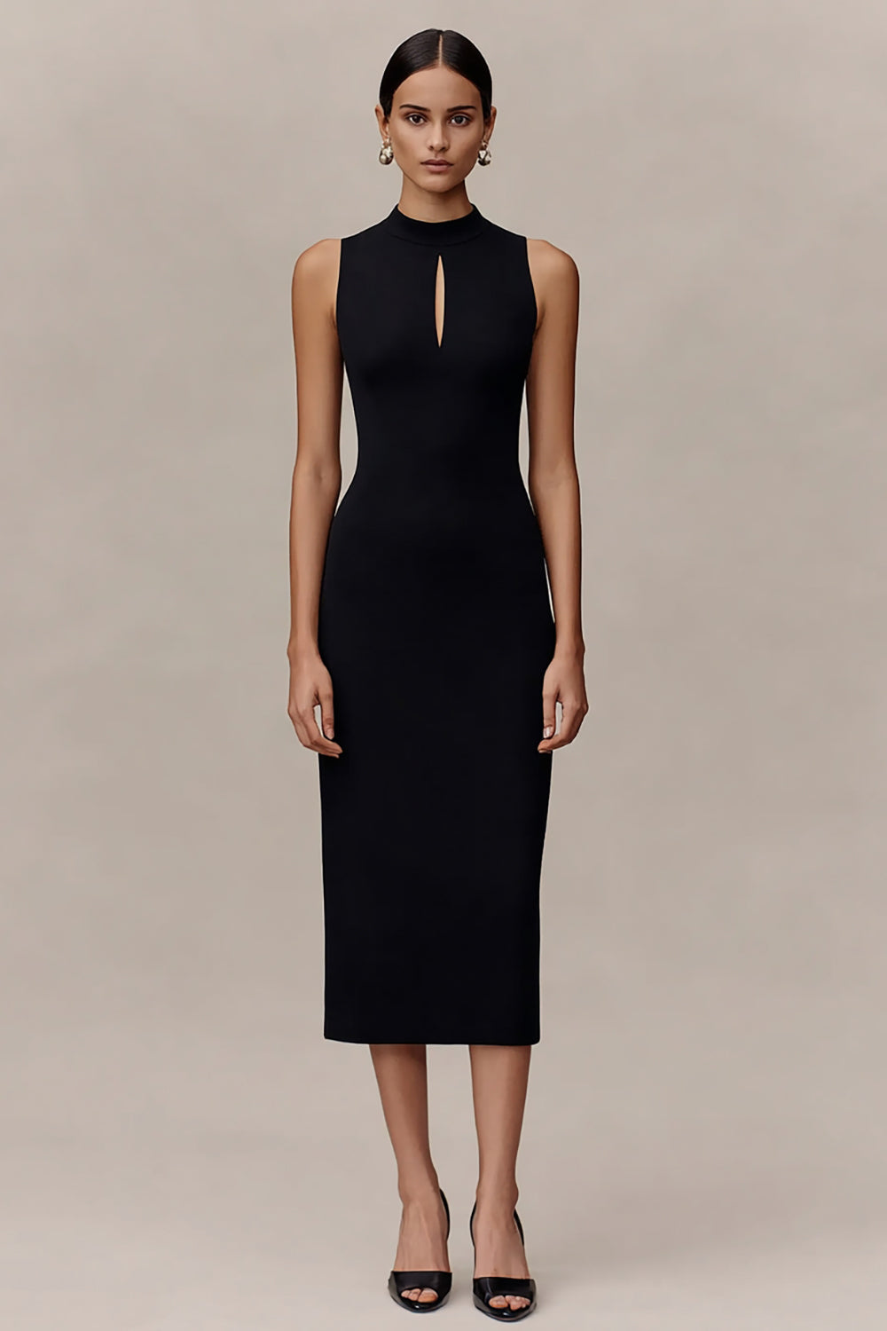 Black Bodycon Midi Cocktail Dress with Keyhole