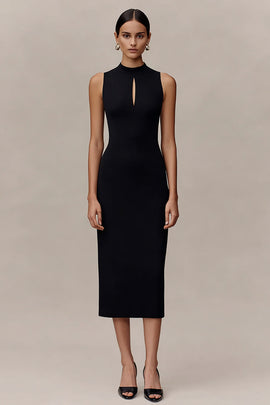 Black Bodycon Midi Cocktail Dress with Keyhole