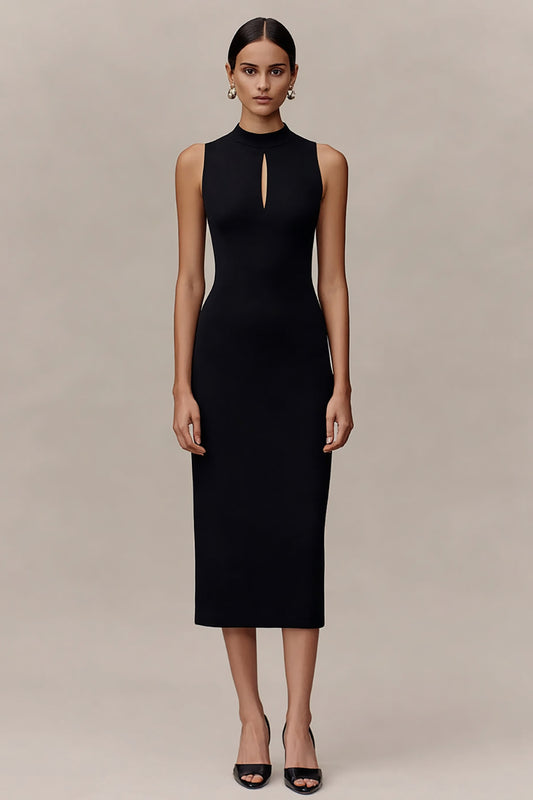 Black Bodycon Midi Cocktail Dress with Keyhole