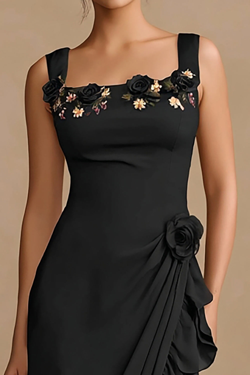 Black Floral Ruffled Bodycon Midi Cocktail Dress with Slit