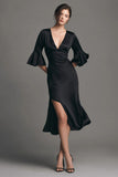 Black Flare Sleeves Midi Cocktail Dress with Slit