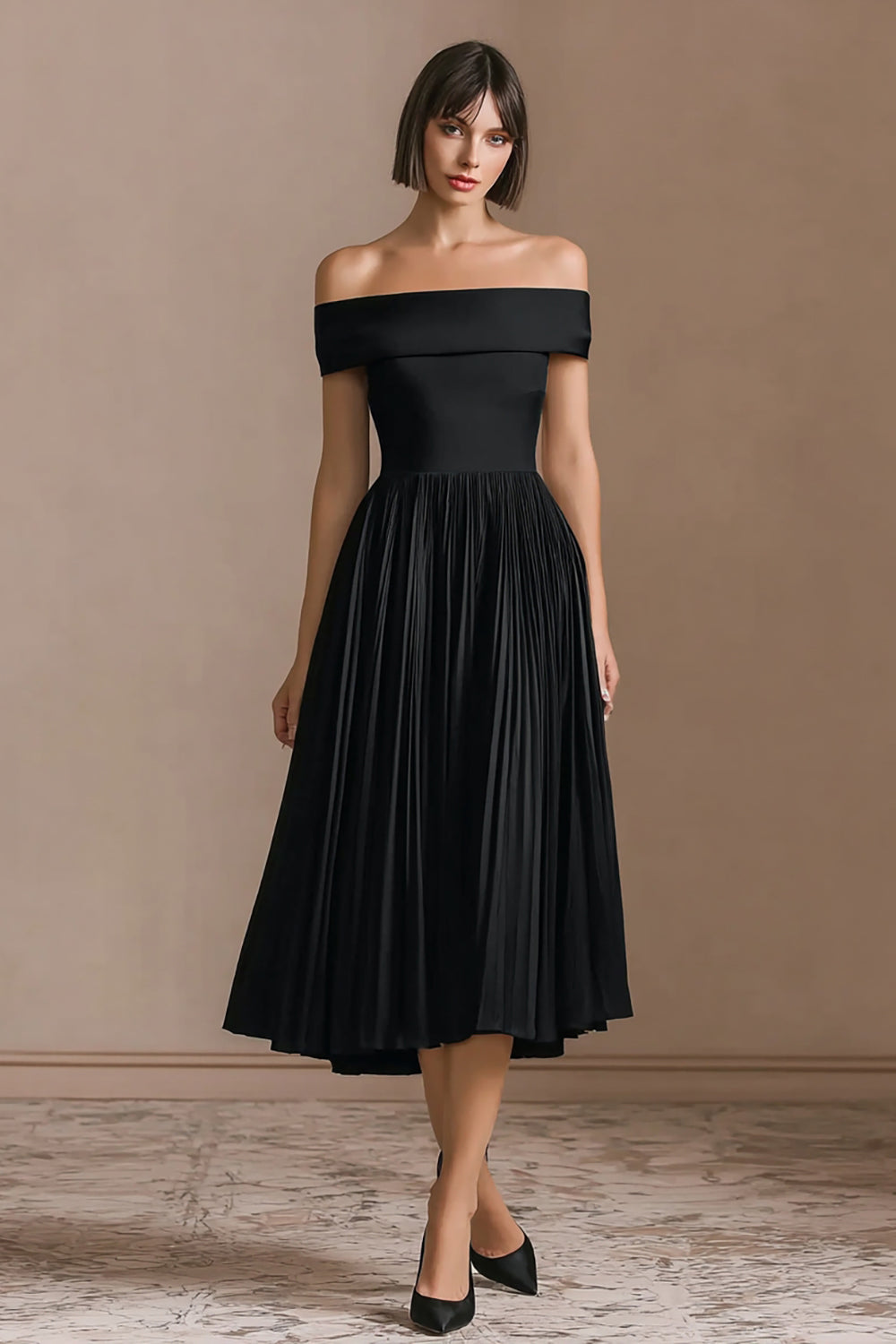Midi A-Line Black Tie Dress with Pleats