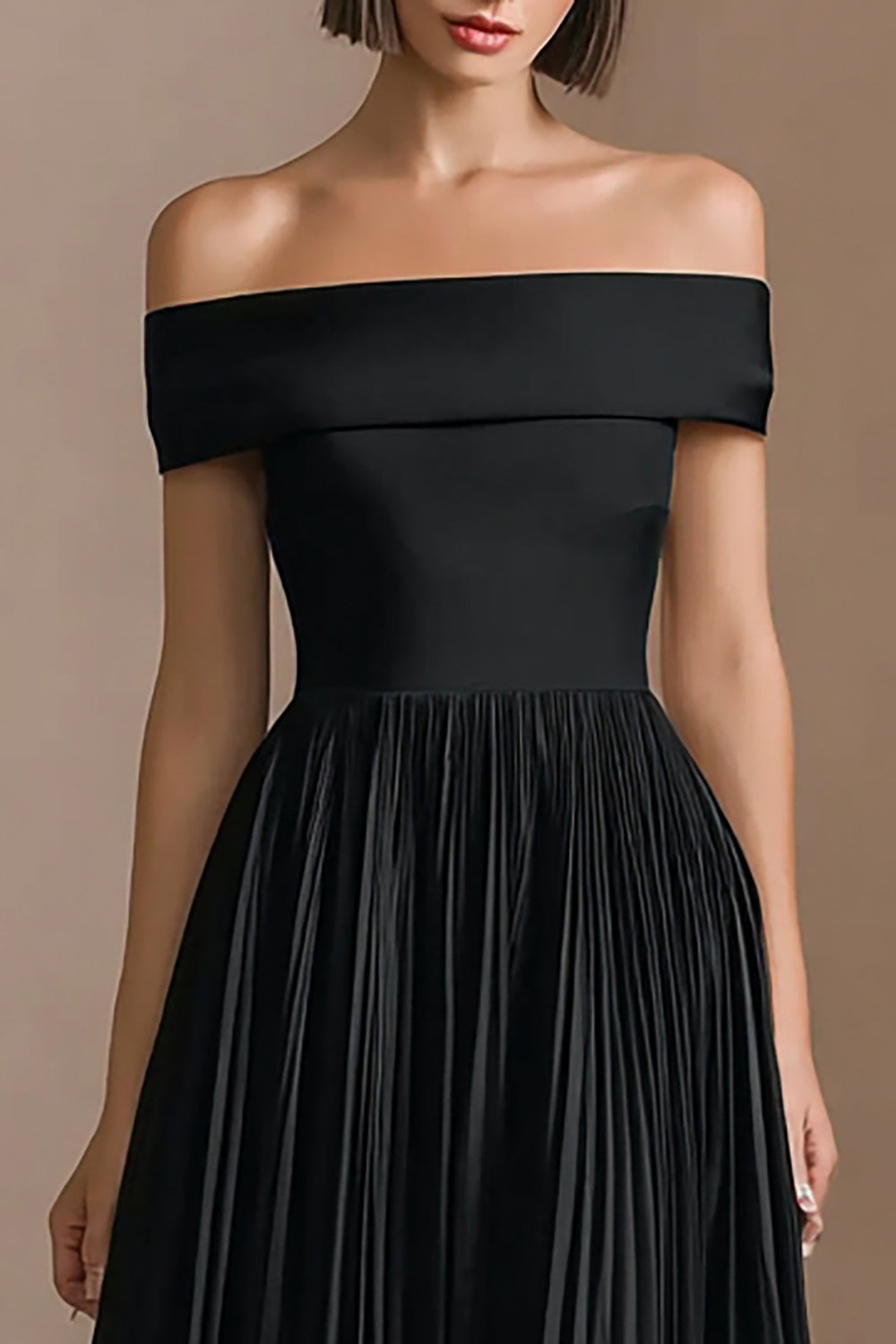 Midi A-Line Black Tie Dress with Pleats