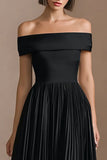 Midi A-Line Black Tie Dress with Pleats