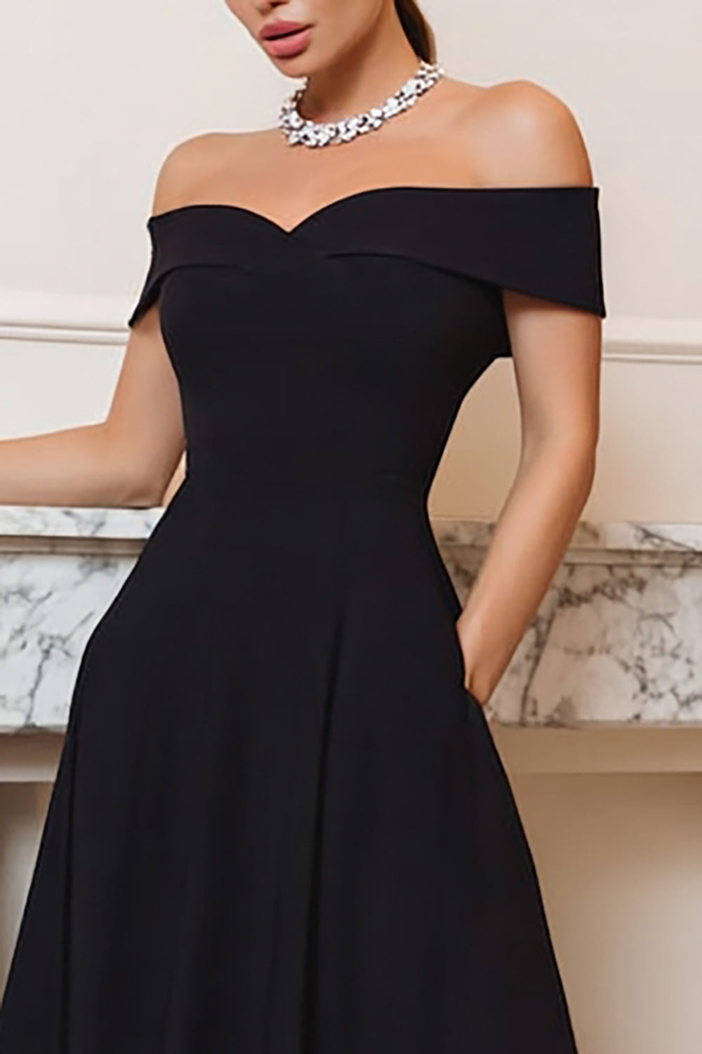 A-Line Off the Shoulder Black Tie Dress
