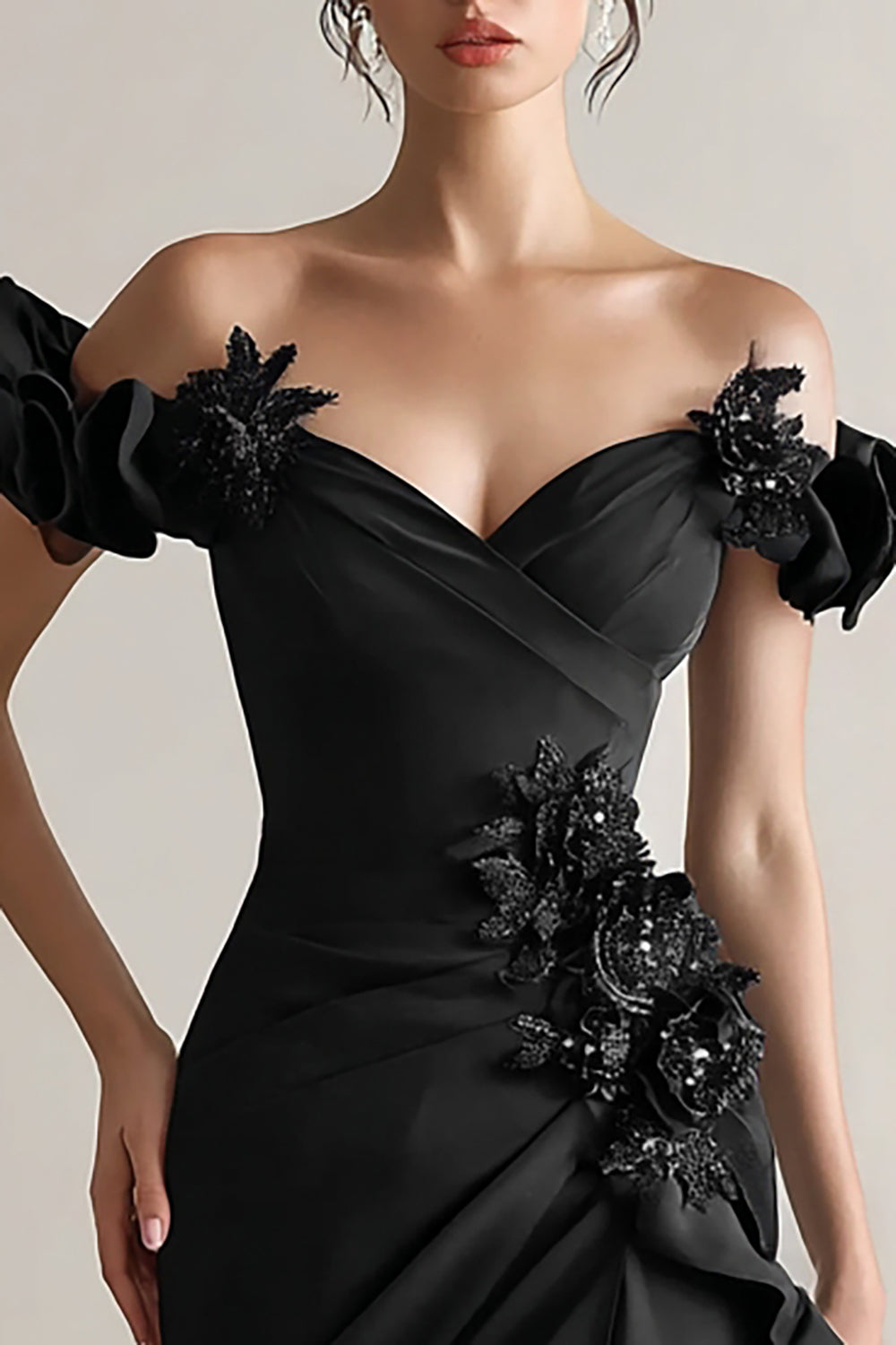 Sparkly Black Sheath Ruffled Formal Dress with 3D Flowers