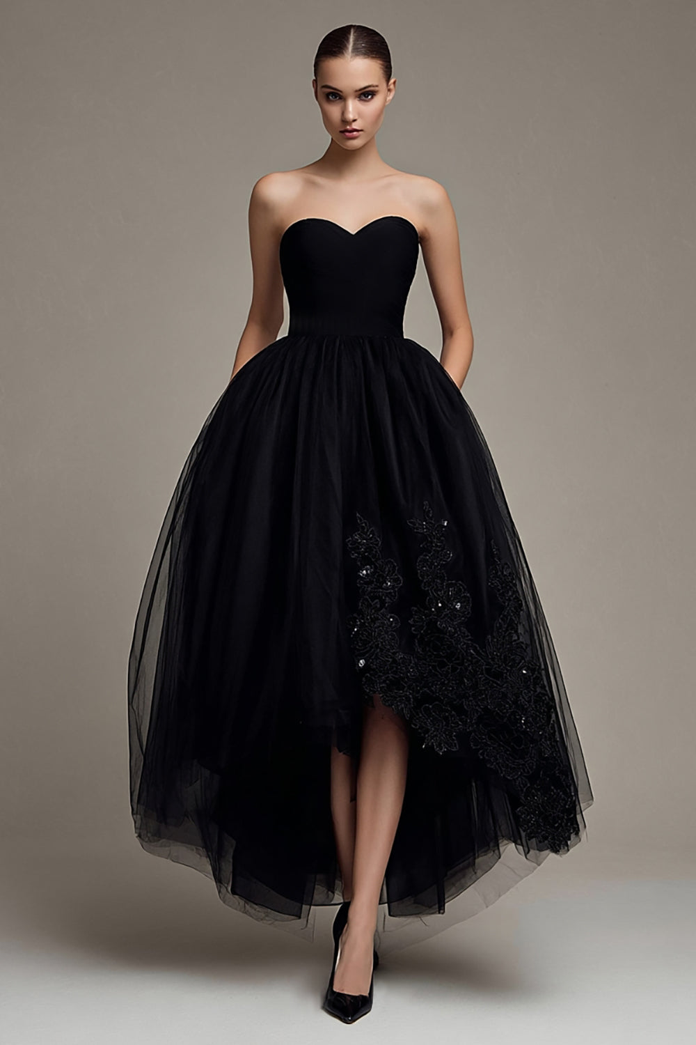 Sparkly Princess Black Tulle Long Formal Dress with Appliques