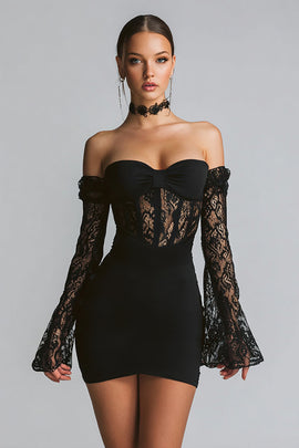 Black Corset Bodycon Short Cocktail Dress with Lace