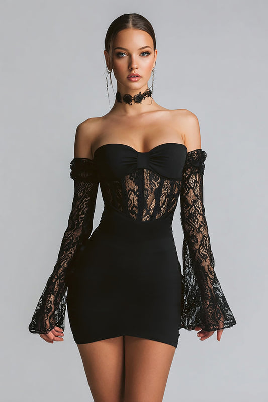 Black Corset Bodycon Short Cocktail Dress with Lace