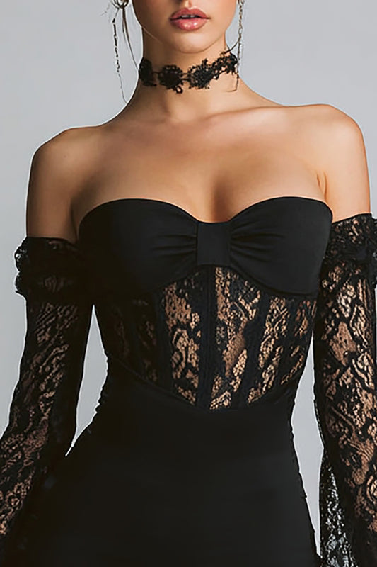 Black Corset Bodycon Short Cocktail Dress with Lace