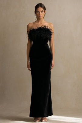 Black Velvet Long Holiday Party Dress with Feathers