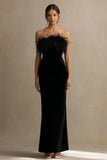 Black Velvet Long Holiday Party Dress with Feathers